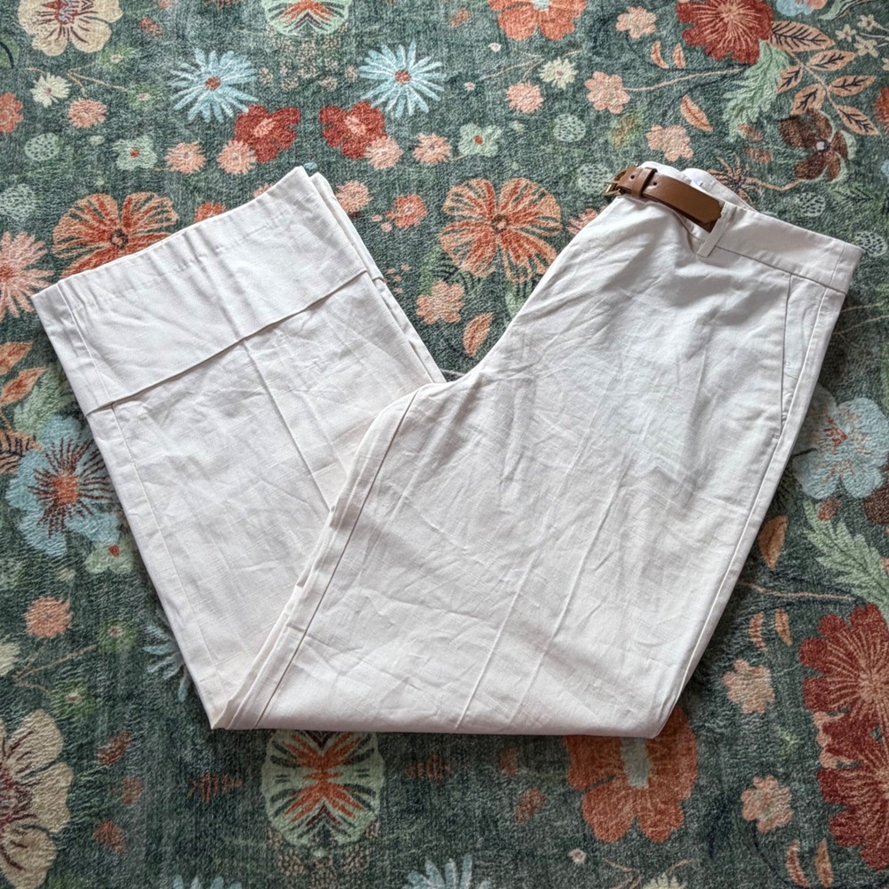 LOFT Wide Leg Belted Trousers Cream Cotton Viscose Cuffed Hem Pants Size 12 NEW